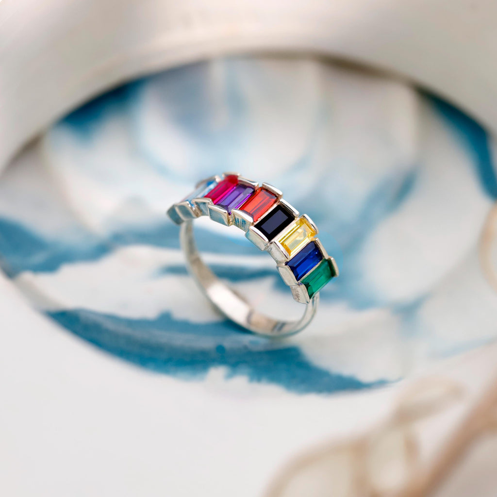 Baguette Gemstone Ring | Adjustable Birthstone Jewelry in Sterling Silver