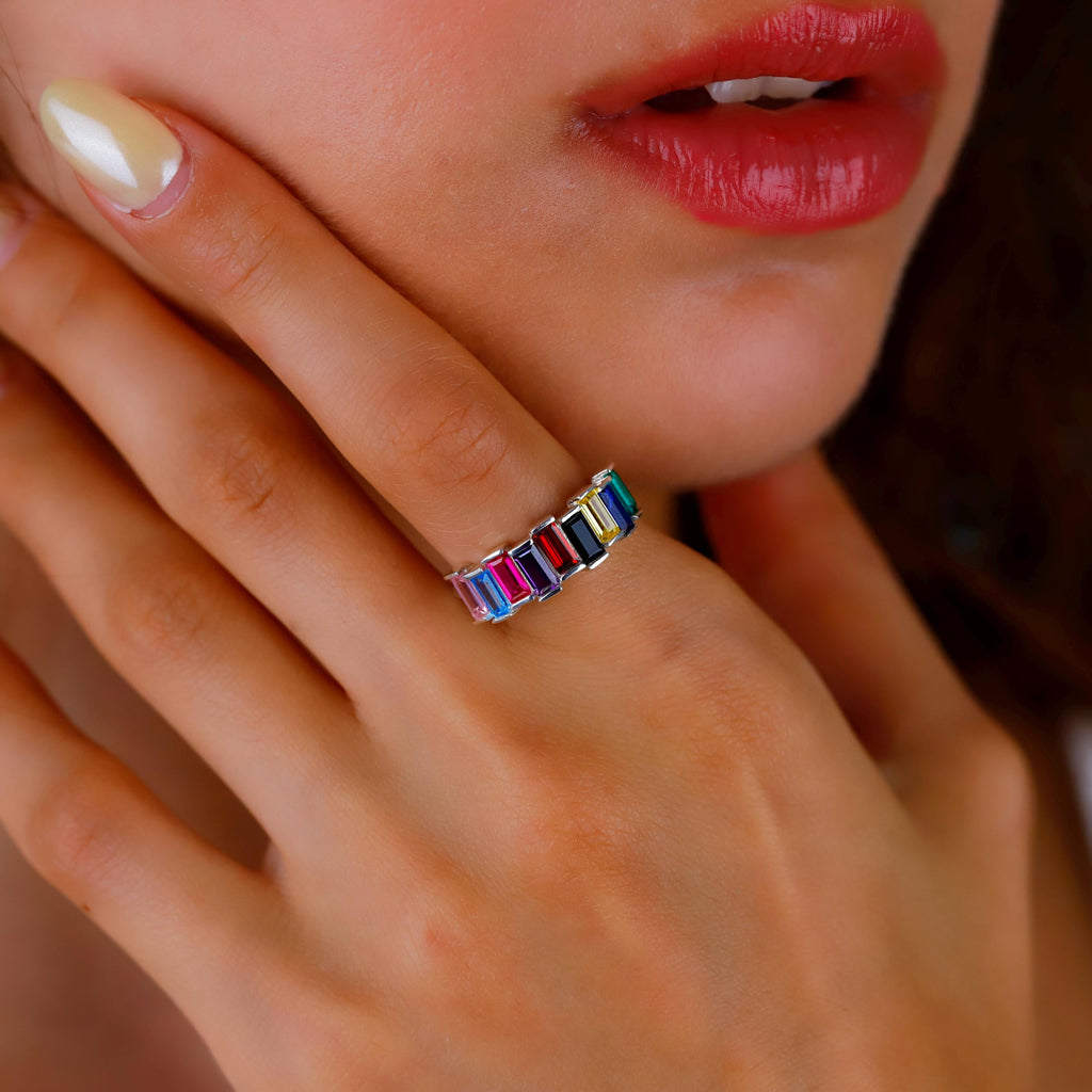 Baguette Gemstone Ring | Adjustable Birthstone Jewelry in Sterling Silver