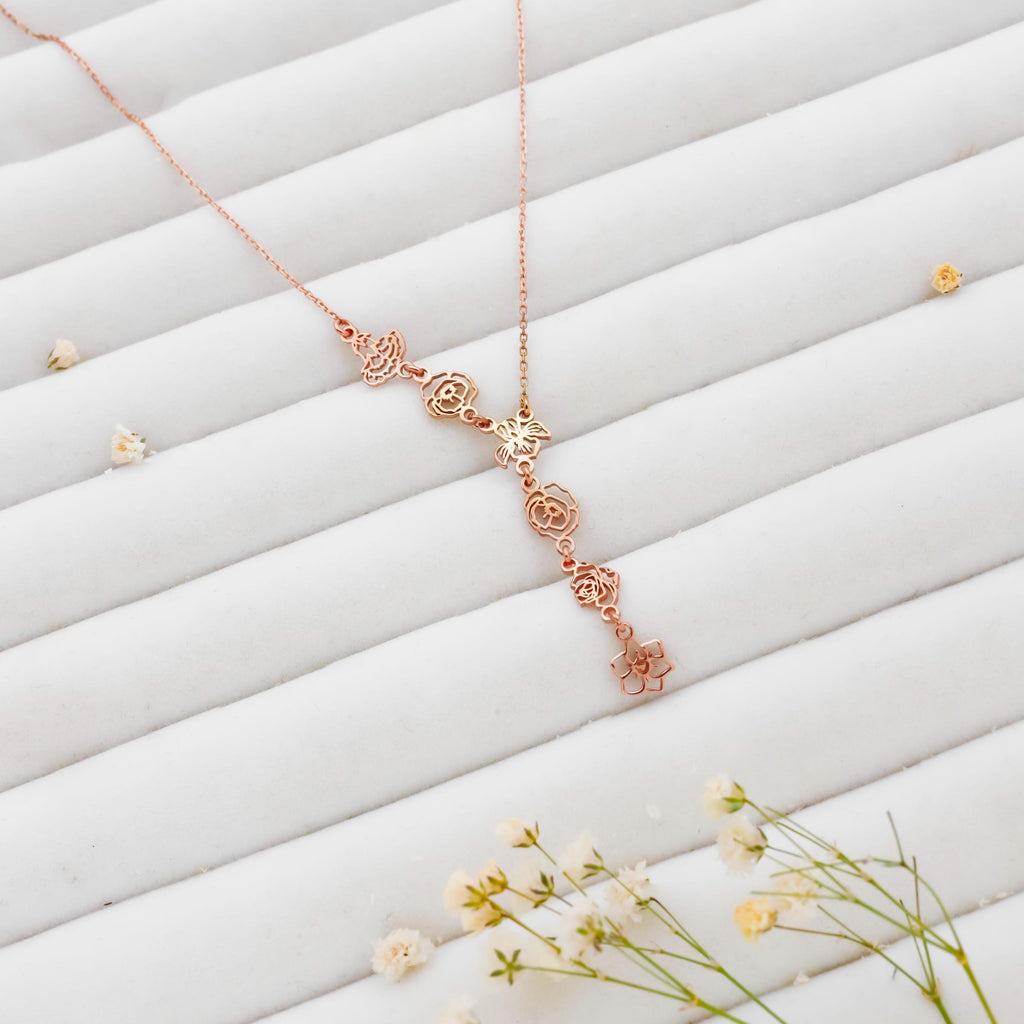 Floral Essence Personalized Birth Flower Lariat Necklace - Elegant Sterling Silver Y Design