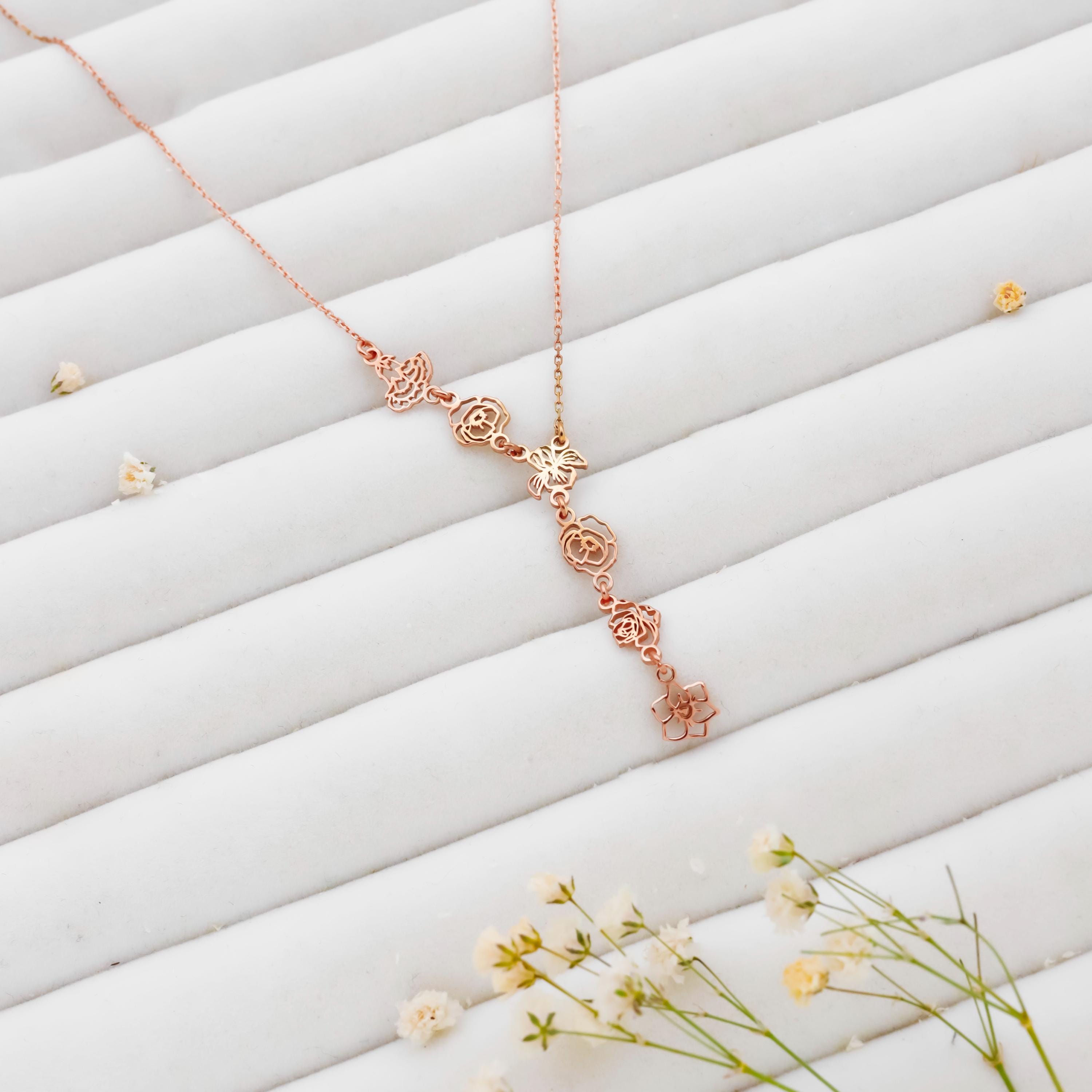 Floral Essence Personalized Birth Flower Lariat Necklace - Elegant Sterling Silver Y Design