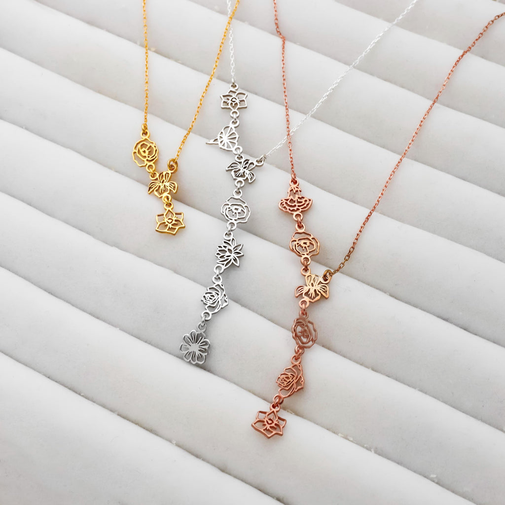 Floral Essence Personalized Birth Flower Lariat Necklace - Elegant Sterling Silver Y Design