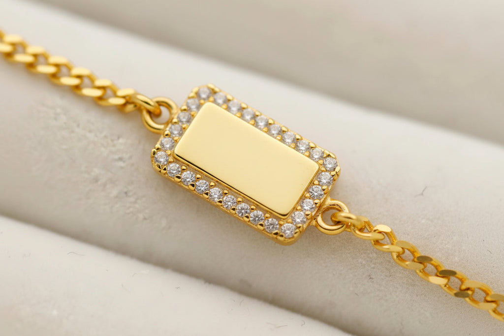 Personalized Sterling Silver with Pave Diamond Tag Bracelet