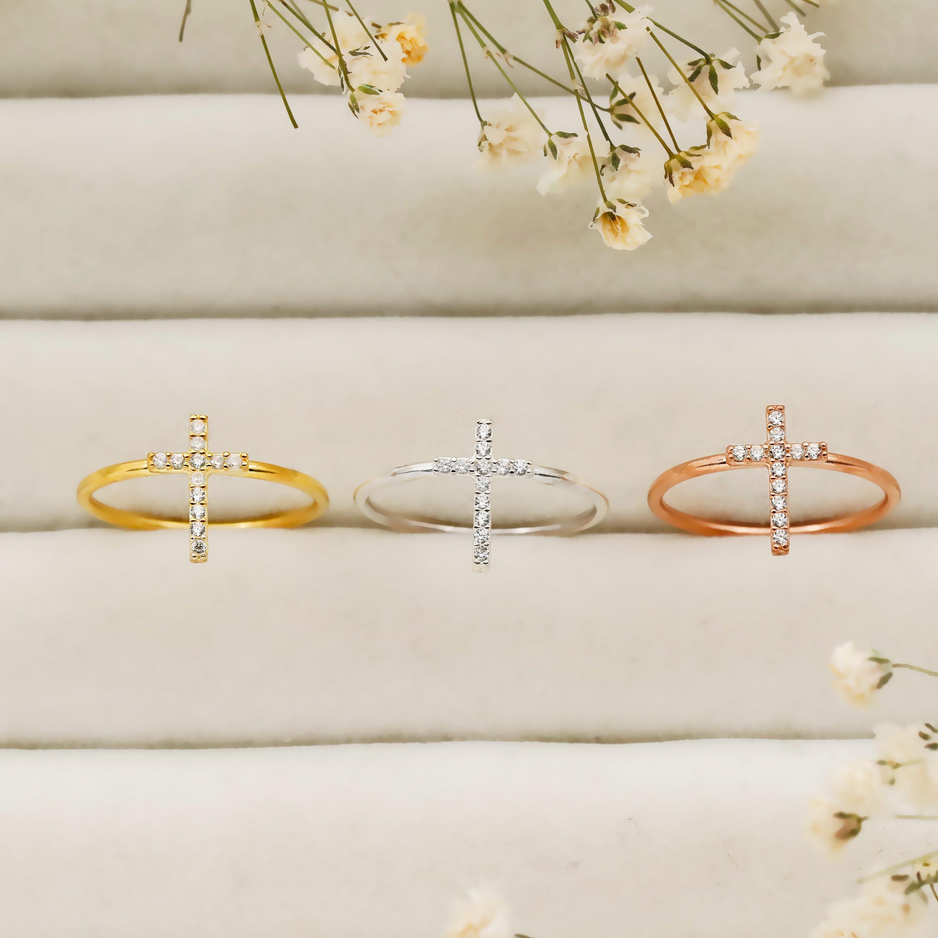 925 Sterling Silver Cross Ring | Dainty Diamond Accent Jewelry by SilverGoldandRose