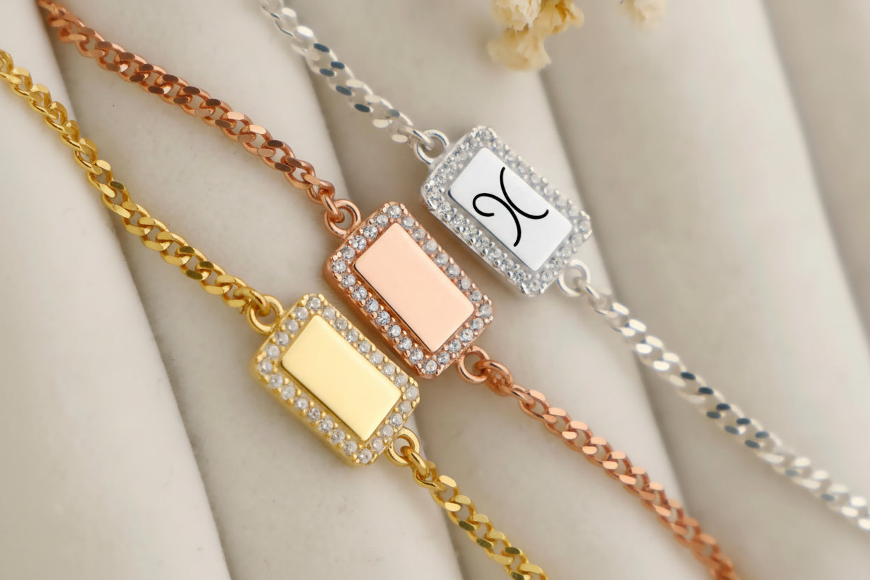 Personalized Sterling Silver with Pave Diamond Tag Bracelet