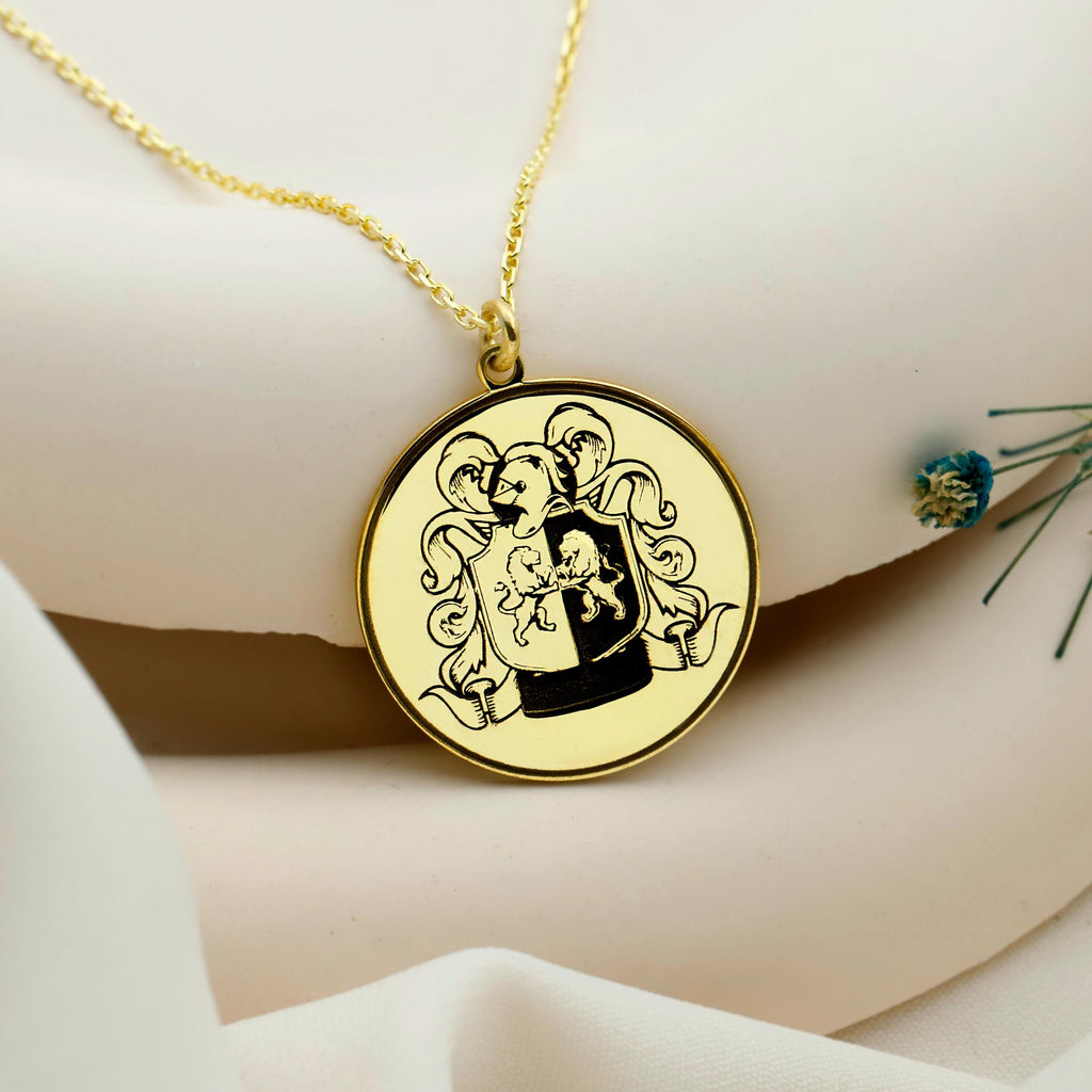 Heraldic Haven Custom Family Crest Necklace - Engraved Personalized Coat of Arms Pendant