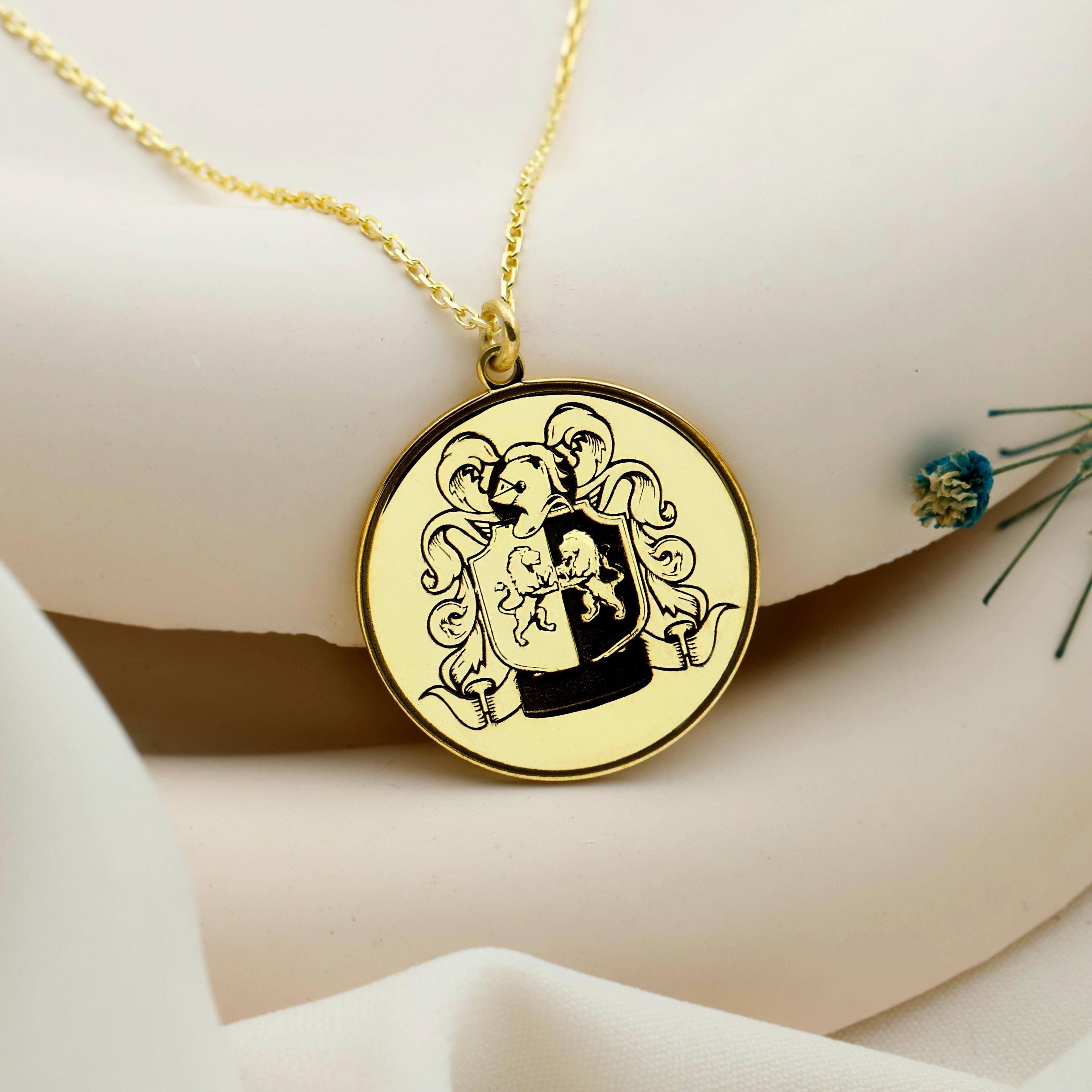 Heraldic Haven Custom Family Crest Necklace - Engraved Personalized Coat of Arms Pendant