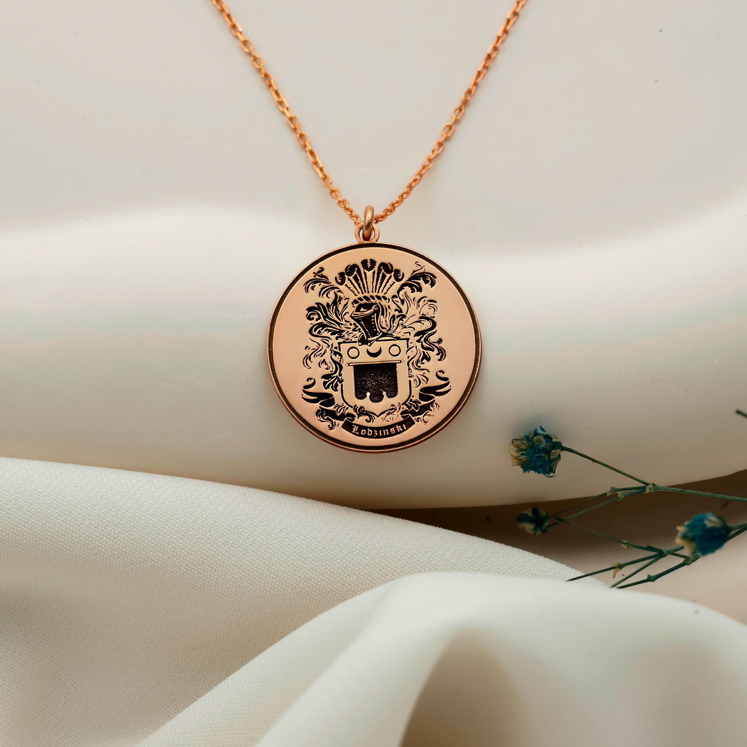 Heraldic Haven Custom Family Crest Necklace - Engraved Personalized Coat of Arms Pendant