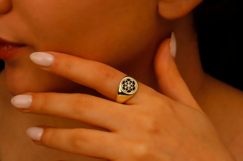 14K Gold Flower of Life Signet Ring - Stunning Sterling Silver Jewelry