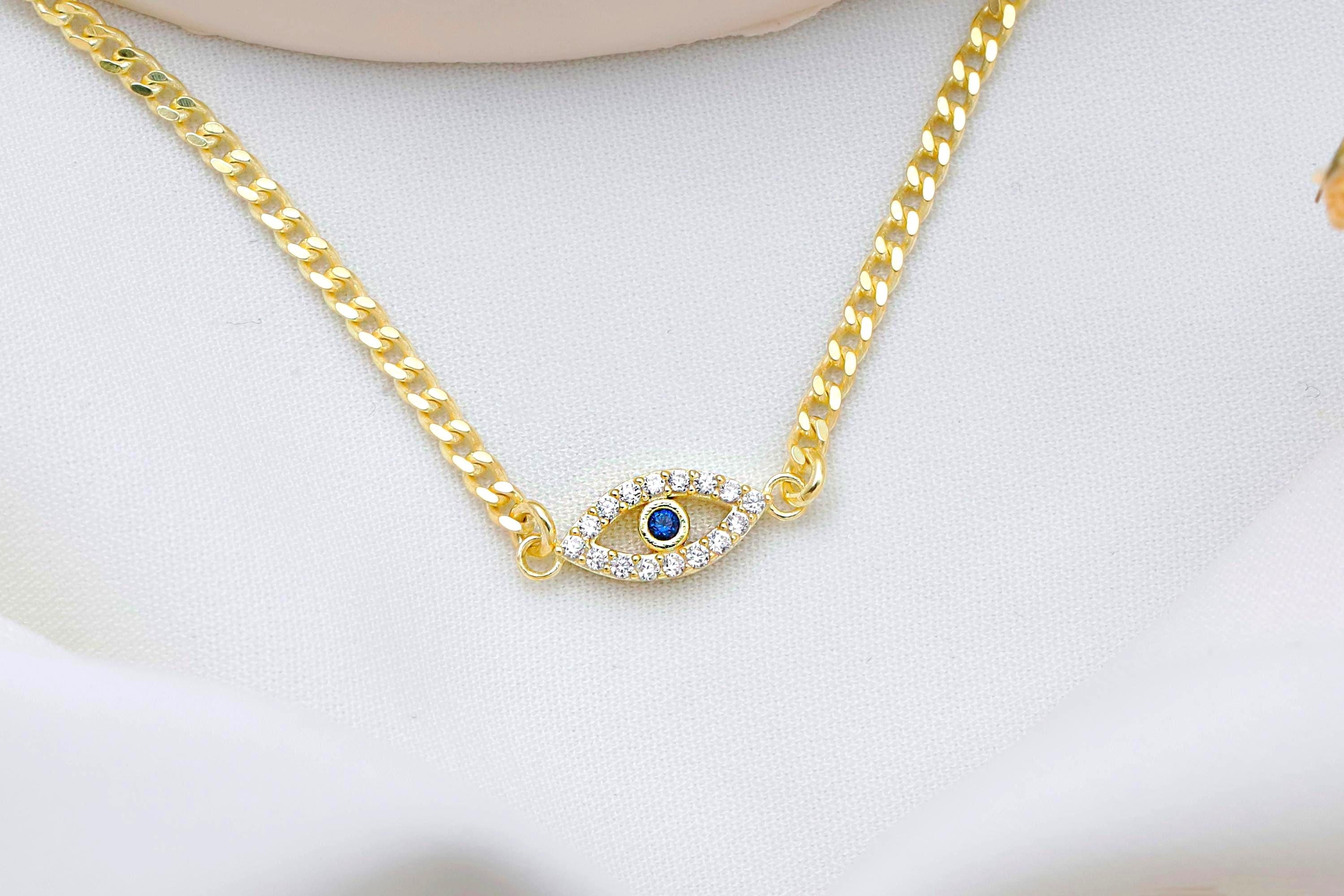 Evil Eye Charm Necklace with Curb Chain in 925 Sterling Silver