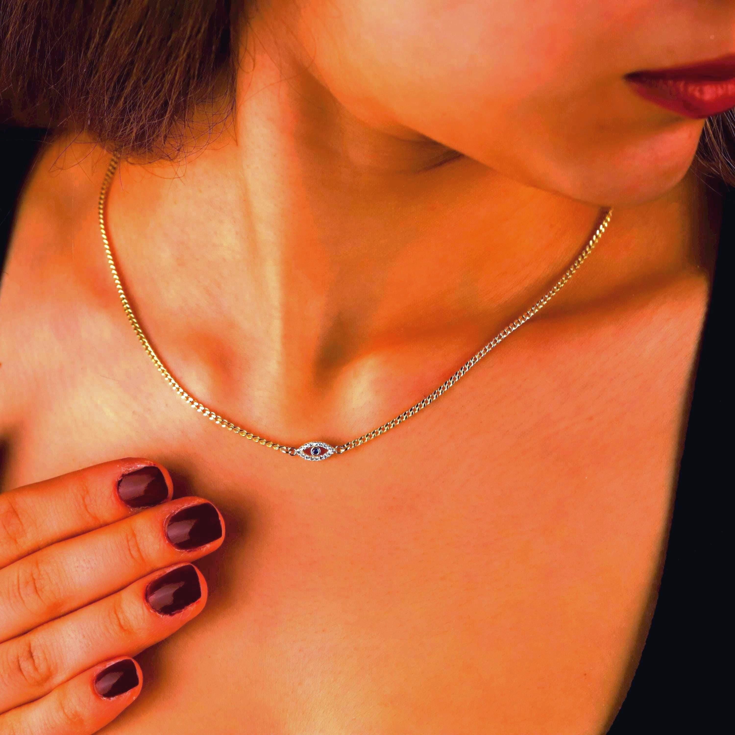 Evil Eye Charm Necklace with Curb Chain in 925 Sterling Silver