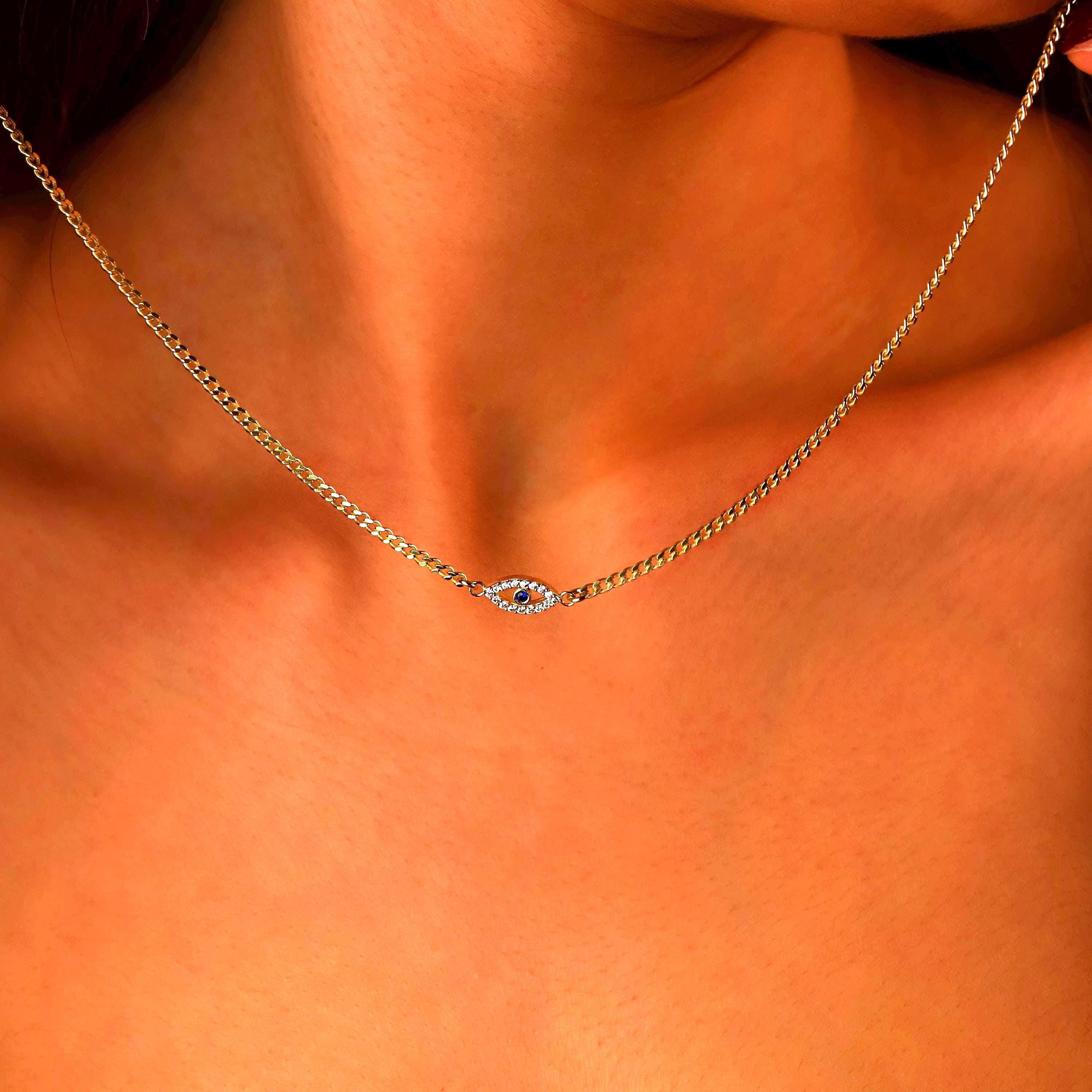 Evil Eye Charm Necklace with Curb Chain in 925 Sterling Silver