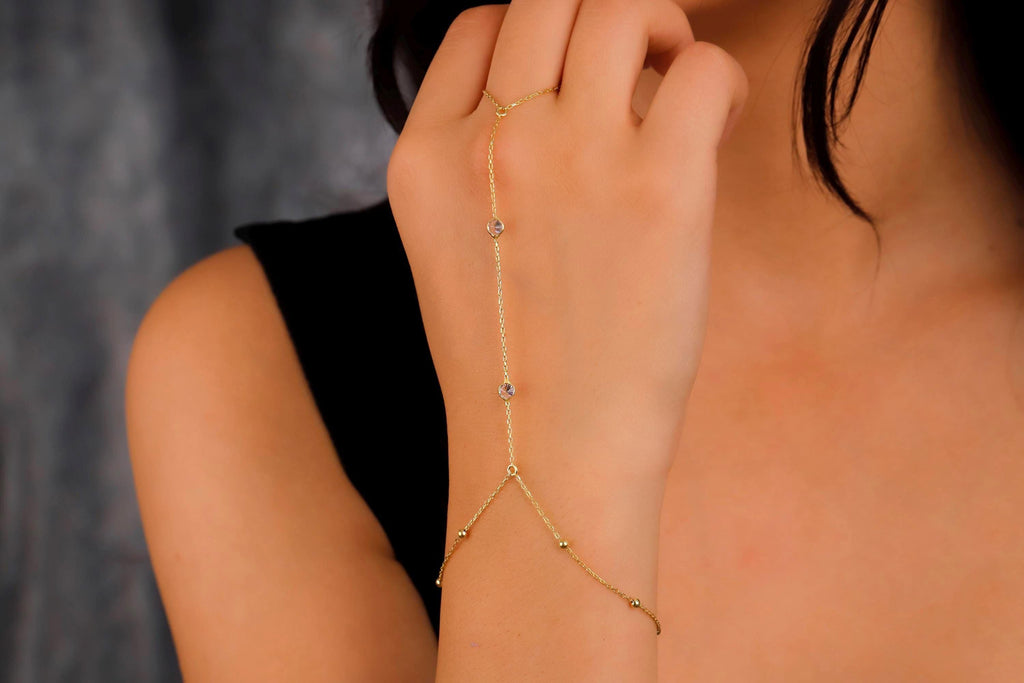 Glamour Gold Beaded Hand Chain Bracelet with Dazzling CZ Stone